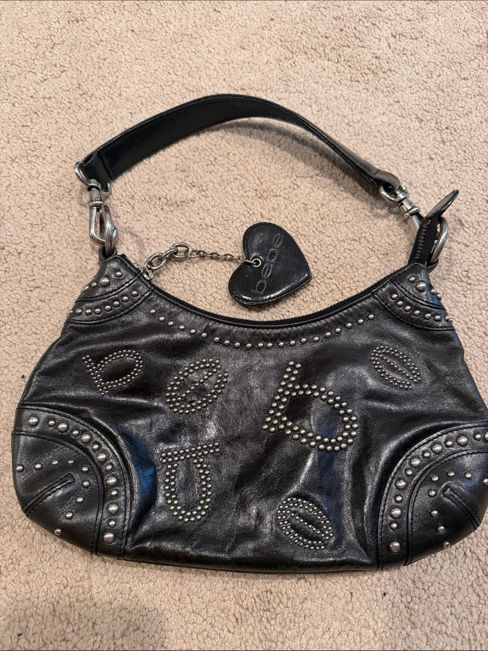 bebe y2k Black Studded Leather Hobo Shoulder Bag with Heart Charm